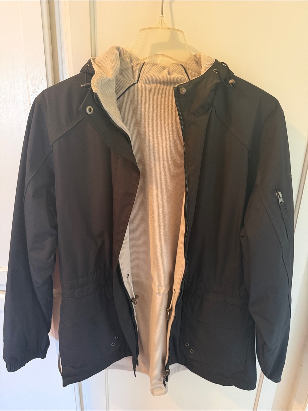 Reversible Men's Black Hooded Jacket with Cream Knit Liner
